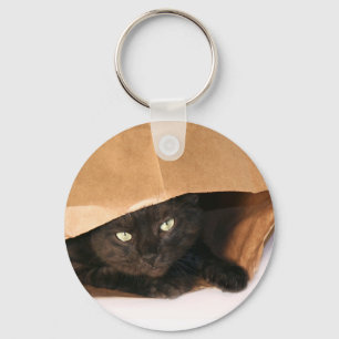 Schwarze Katze in einem Taschen-Schlüsselanhänge Schlüsselanhänger