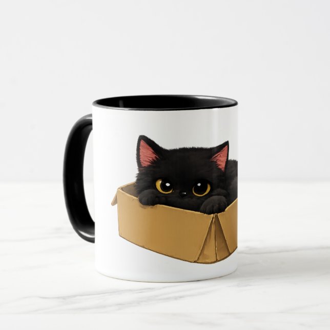Schwarze Katze in einer Box Tasse (Vorderseite Links)