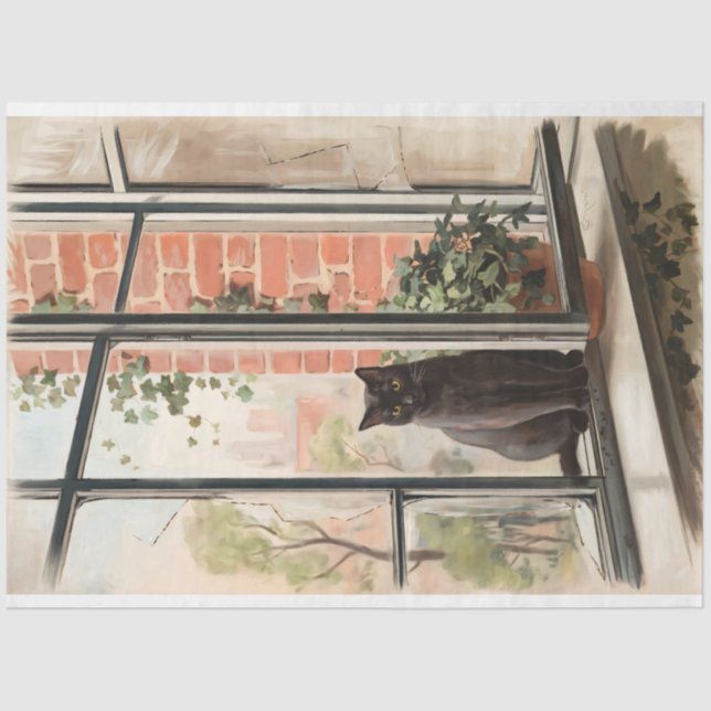 Schwarze Katze in einer Fensterfarbe Seidenpapier (Vorderseite)