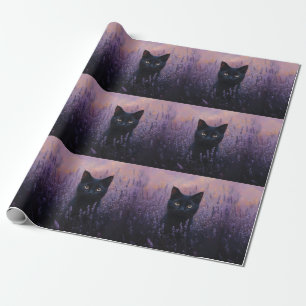 Schwarze Katze in einer Lavenderfelddarstellung Geschenkpapier