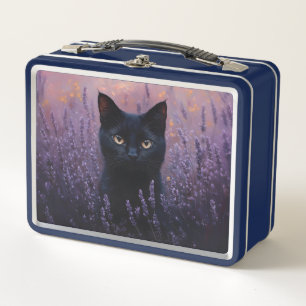 Schwarze Katze in einer Lavenderfelddarstellung Metall Brotdose