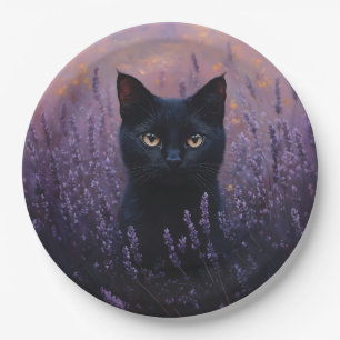 Schwarze Katze in einer Lavenderfelddarstellung Pappteller