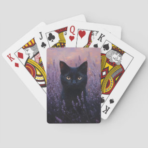 Schwarze Katze in einer Lavenderfelddarstellung Spielkarten