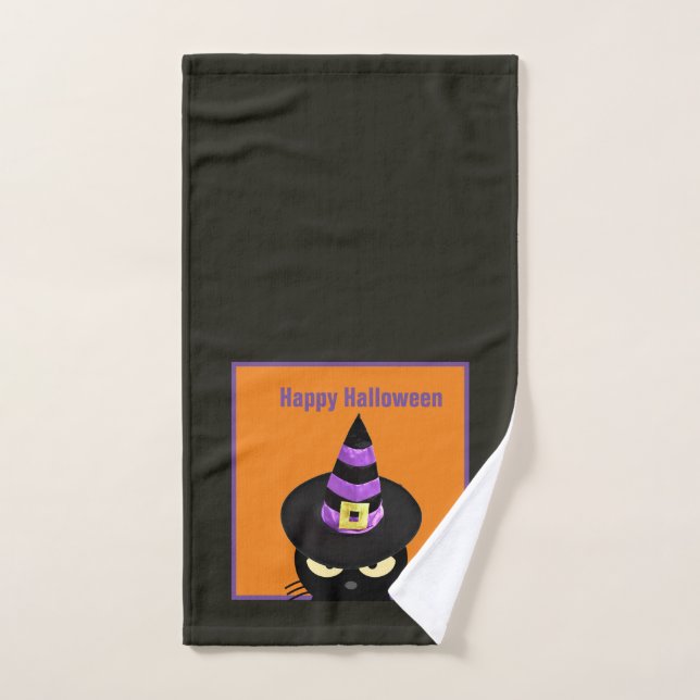 Schwarze Katze in Hexenhut Halloween Badetuch Handtuch (Handtuch)