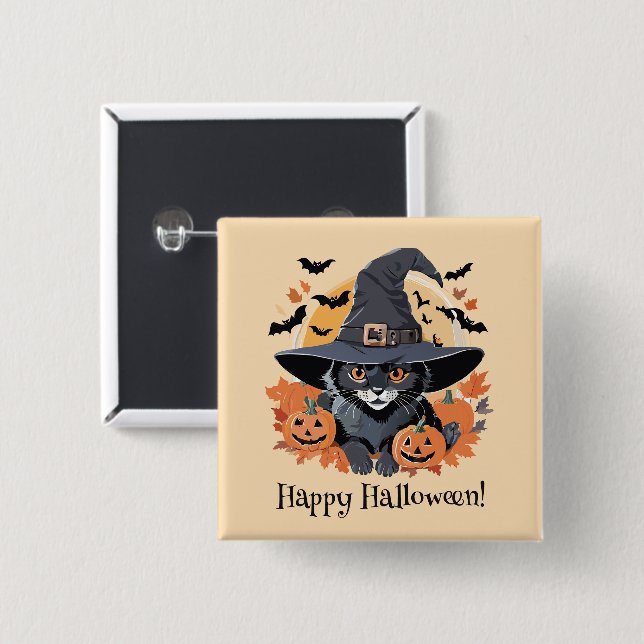 Schwarze Katze in Hexenhut Halloween Button (Vorne & Hinten)