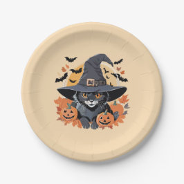 Schwarze Katze in Hexenhut Halloween Pappteller