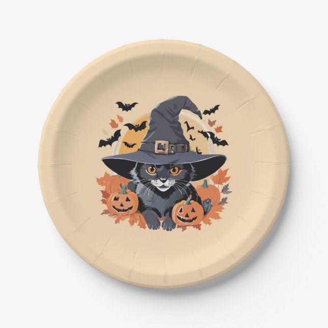 Schwarze Katze in Hexenhut Halloween Pappteller (Vorderseite)