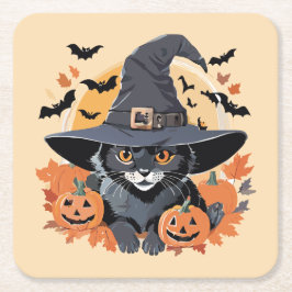 Schwarze Katze in Hexenhut Halloween Rechteckiger Pappuntersetzer