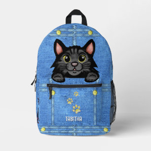 Schwarze Katze in Imitaten Denim Pocket mit Indivi Bedruckter Rucksack