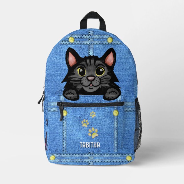 Schwarze Katze in Imitaten Denim Pocket mit Indivi Bedruckter Rucksack (Vorderseite)