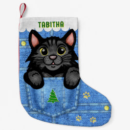Schwarze Katze in Imitaten Denim Pocket mit Indivi Kleiner Weihnachtsstrumpf