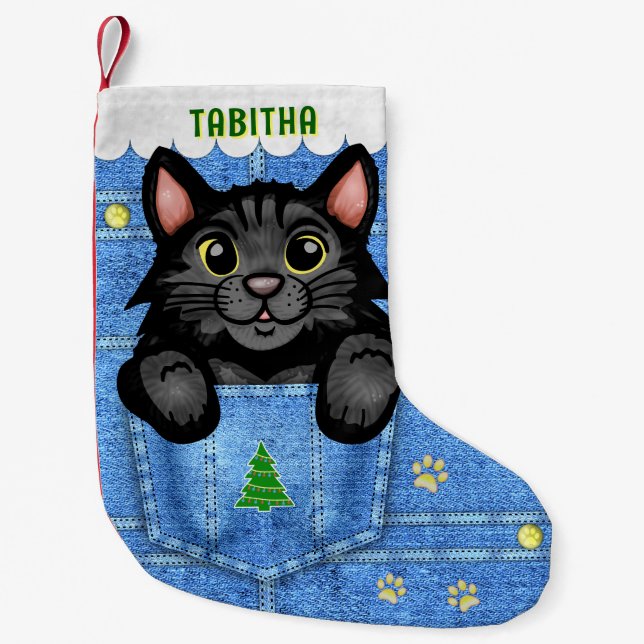 Schwarze Katze in Imitaten Denim Pocket mit Indivi Kleiner Weihnachtsstrumpf (Vorderseite)