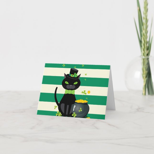 Schwarze Katze in Krawatte und Hut mit grünem Klee Dankeskarte (Vorderseite)