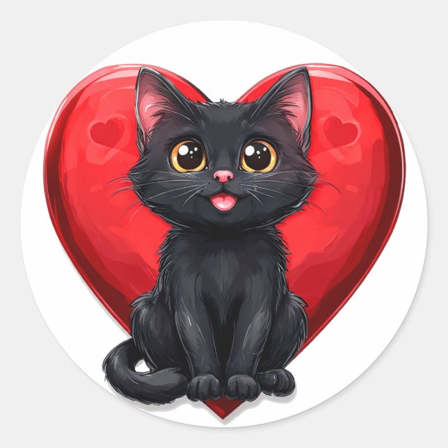 Schwarze Katze in Liebe Runder Aufkleber (Vorderseite)