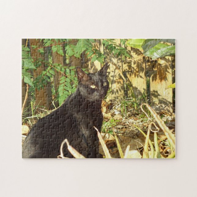 Schwarze Katze in Morgensun-Puzzlespiel (Horizontal)