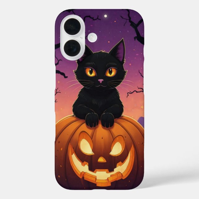 Schwarze Katze in Pumpkin iPhone 16 Hülle (Rückseite)