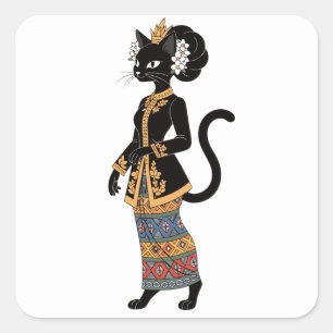 Schwarze Katze in traditioneller Batik-Kebaya-Kuns Quadratischer Aufkleber