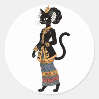 Schwarze Katze in traditioneller Batik-Kebaya-Kuns Runder Aufkleber
