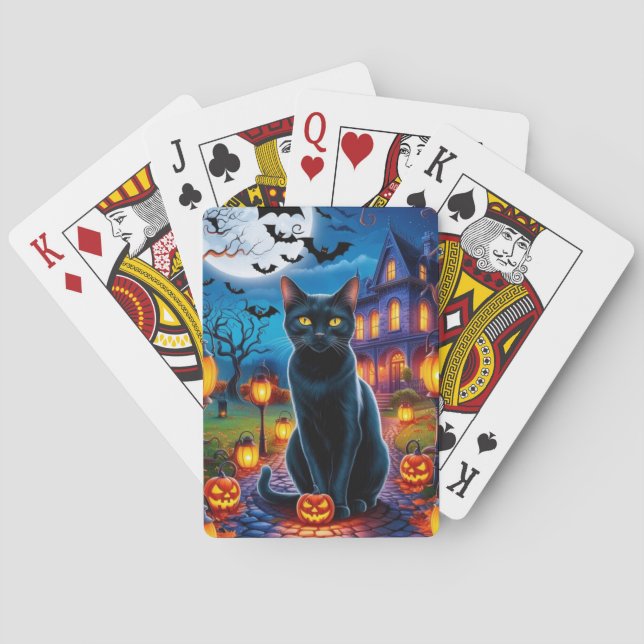 Schwarze Katze in verzauberter Halloween-Landschaf Spielkarten (Rückseite)