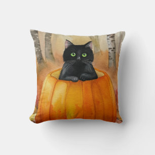 Schwarze Katze in Wasserfarbe, Pumpkin Herbstwaldh Kissen