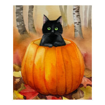Schwarze Katze in Wasserfarbe, Pumpkin Herbstwaldh