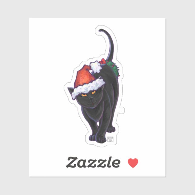Schwarze Katze in Weihnachtsmannmütze Aufkleber (Blatt)