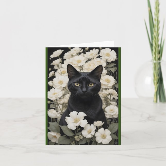 Schwarze Katze in weißen Blume Dankeskarte (Vorderseite)