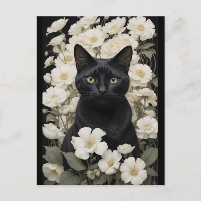 Schwarze Katze in weißen Blume Postkarte (Vorderseite)