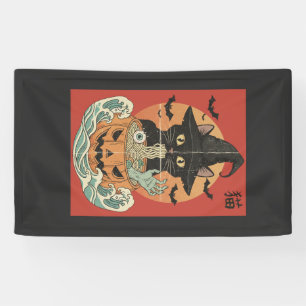 Schwarze Katze isst japanische Ramen zu Halloween Banner