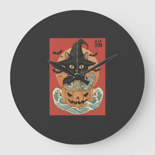 Schwarze Katze isst japanische Ramen zu Halloween Große Wanduhr