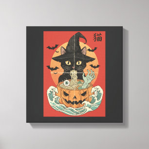 Schwarze Katze isst japanische Ramen zu Halloween Leinwanddruck