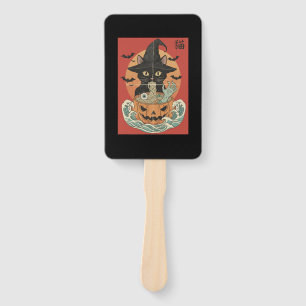 Schwarze Katze isst japanisches Ramen zu Halloween Fächer