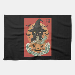 Schwarze Katze isst japanisches Ramen zu Halloween Geschirrtuch