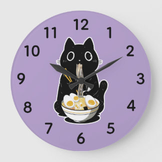 Schwarze Katze isst Ramen Große Wanduhr