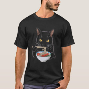 Schwarze Katze isst Ramen Lustiger japanischer Foo T-Shirt
