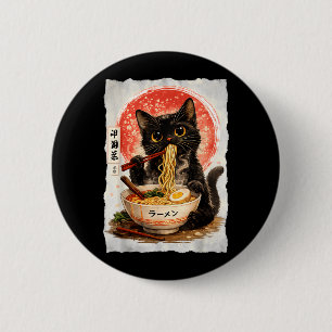 Schwarze Katze isst Ramen süße Kawaii Anime-Katze Button