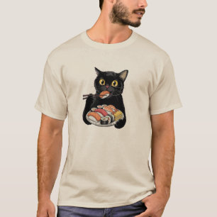 Schwarze Katze isst Sushi mit Essstäbchen T-Shirt