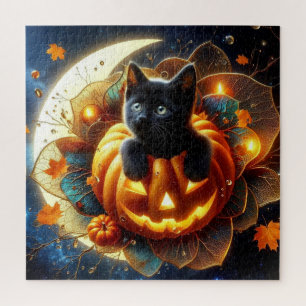 Schwarze Katze, Jack-o-Laterne und gemäßigter Mond