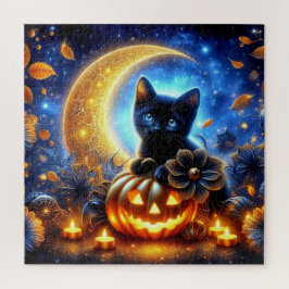 Schwarze Katze, Jack-o-Laterne und gemäßigter Mond