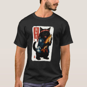 Schwarze Katze Japanische Kanji Fisch Japan Tierli T-Shirt