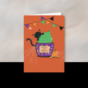 Schwarze-Katze-Kind-Halloween-Orange-Grußkarte Karte