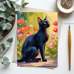 Schwarze Katze   Kitten Haustier Wasserfarben Blum Postkarte