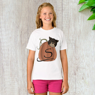 Schwarze Katze Kürbis Buchstabe S Halloween T-Shirt