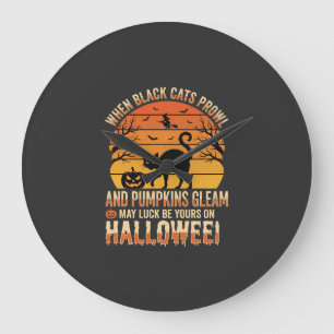 Schwarze Katze Kürbis Halloween Vektordesign Große Wanduhr