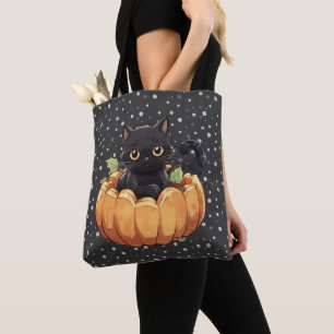 Schwarze Katze Kürbis Polka Punkte Schwarzes Hallo Tasche