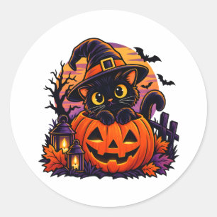 Schwarze Katze & Kürbis – Retro Hexen-Halloween Runder Aufkleber