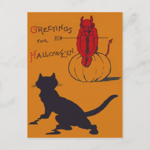 Schwarze Katze Kürbis Teufel Dämon Mistgabel Postkarte