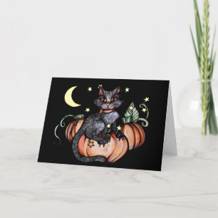 Schwarze Katze Kürbisfeld Mond Karte