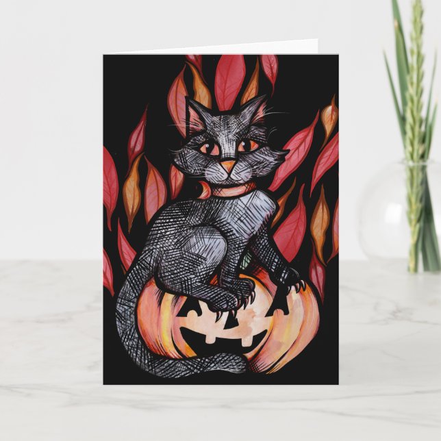 Schwarze Katze Kürbislaterne Herbst Natur Karte (Vorderseite)