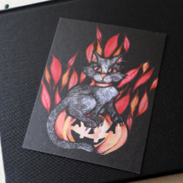 Schwarze Katze Kürbislaterne Herbst Natur Postkarte